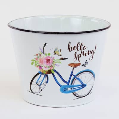 Blue Bike With Flowers inchHello Spring inch Bucket Shape Planter