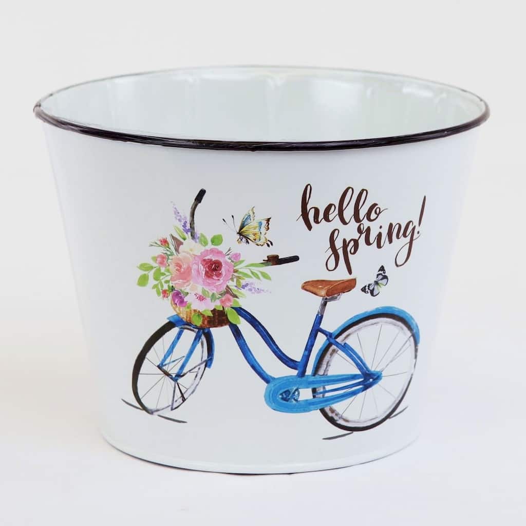 Blue Bike With Flowers inchHello Spring inch Bucket Shape Planter