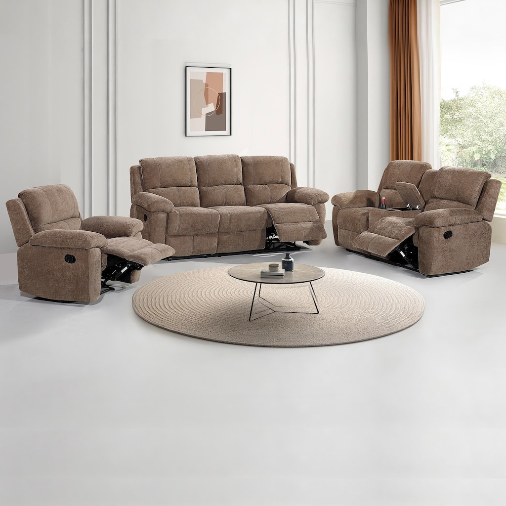 3PC Modern Fabric Manual Recliner Sofa Set, Couch, Loveseat w/Console, Recliner