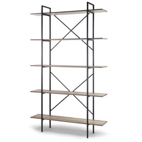 August 84.75 In. Metal Frame Light Brown Etagere Bookcase Five-shelf