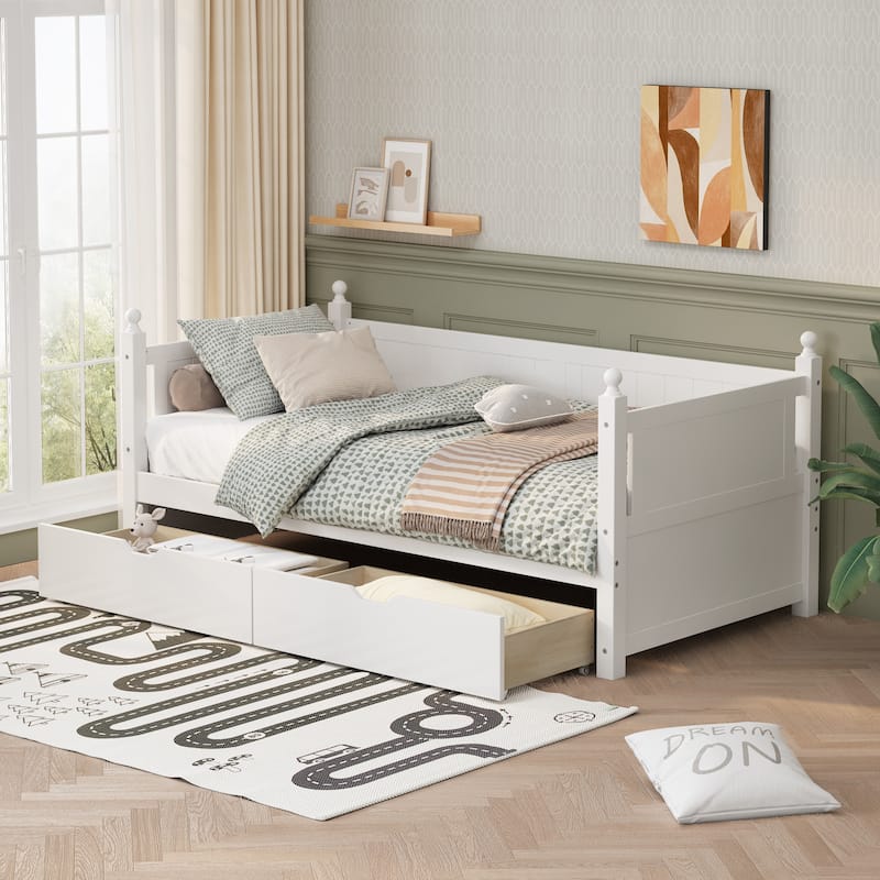 Twin Size Solid Wood Daybed with 2 Drawers for Limited Space Kids for Bedroom - White