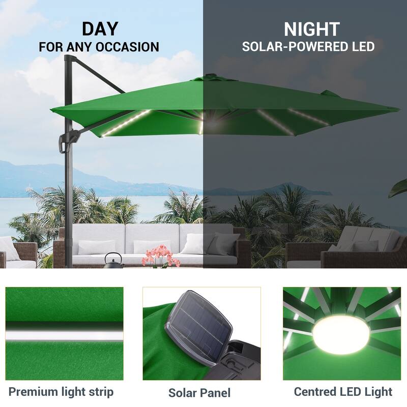 LIVOOSUN 11Ft Aluminum LED Patio Cantilever Offset Umbrella With Base