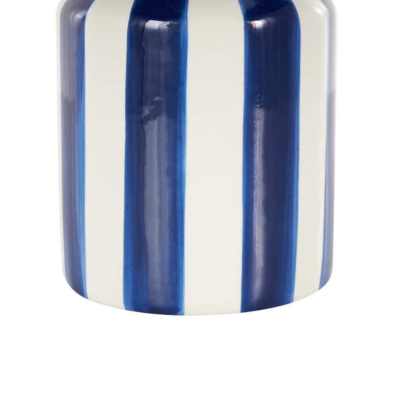 Ceramic Round Decorative Vase with Blue or Black Vertical Stripes - White - Roche River Decor