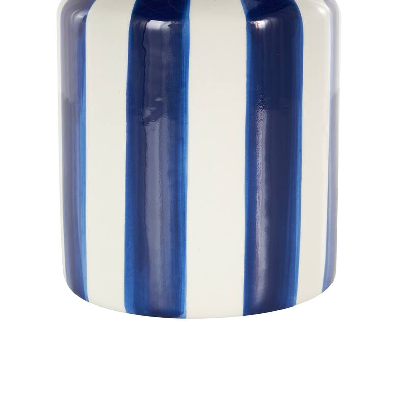 White Ceramic Round Decorative Vase with Blue or Black Vertical Stripes