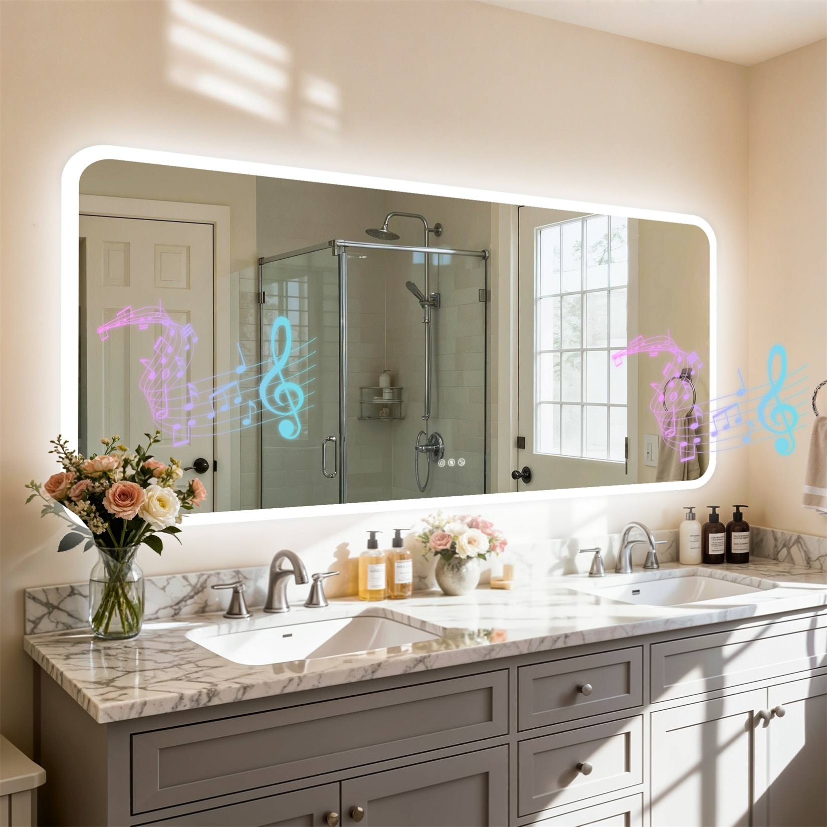 Bluetooth Speaker Smart LED Illuminated Tempered Glass Lighted Bathroom Mirror Backlight Wall Makeup Mirror