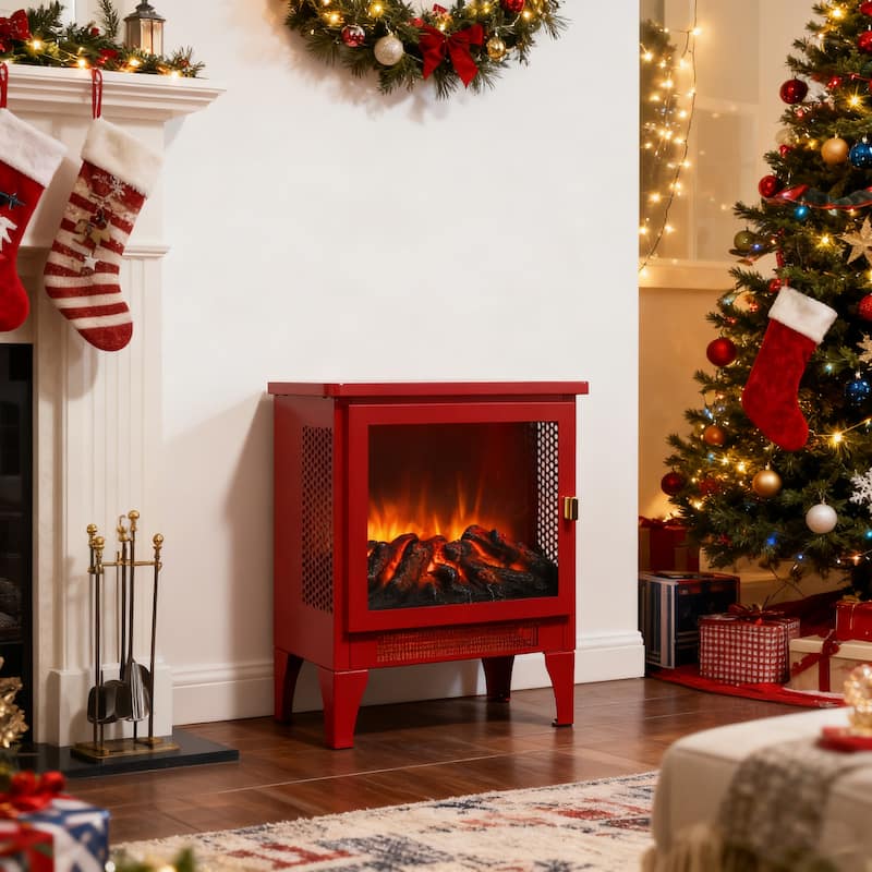 17 inch Freestanding Electric Fireplace Stove heater with 3D Flame effect,Classic Red