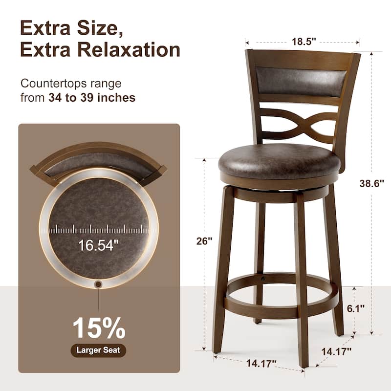 26"/30" Counter Height Bar Stools, Kitchen Wooden Swivel Bar Chairs with Back