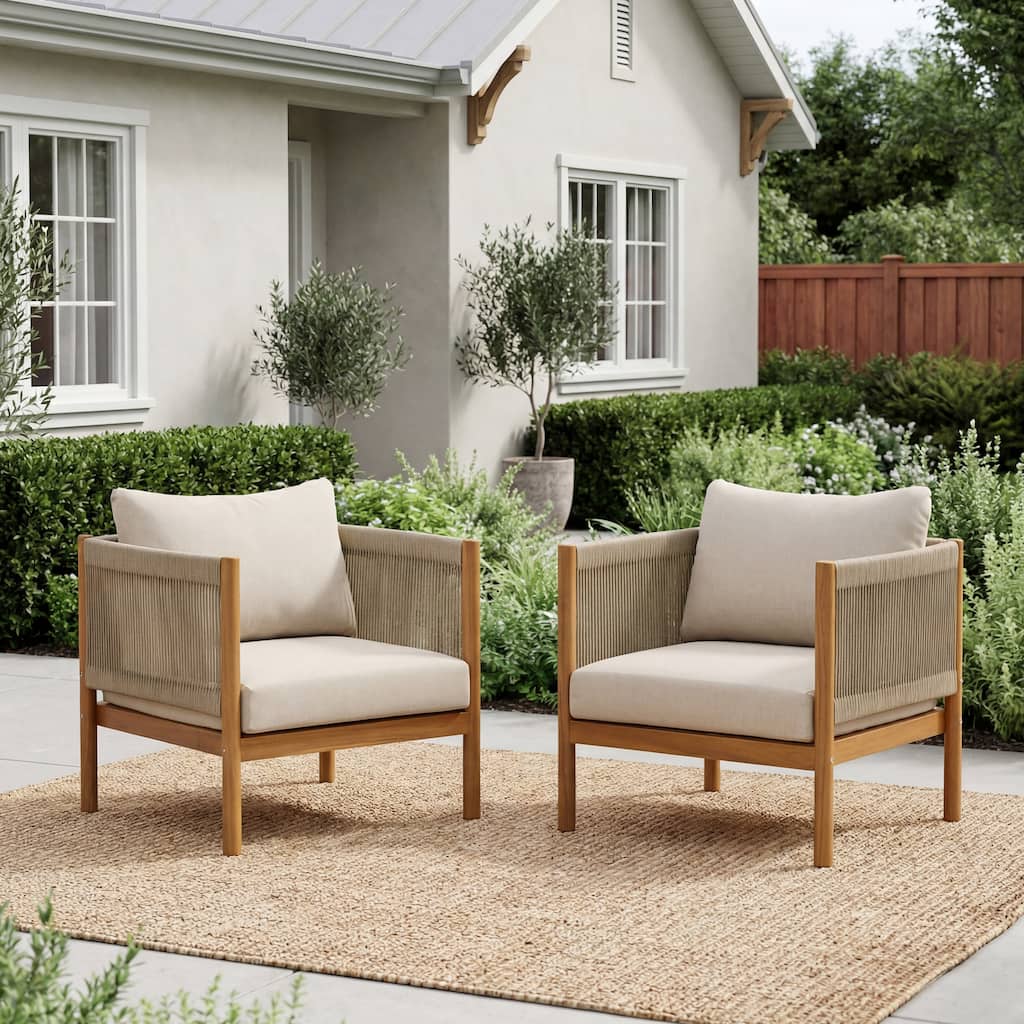 Christopher Knight Home - Outdoor Acacia Wood Club Chair with Rope Panels and Cushions