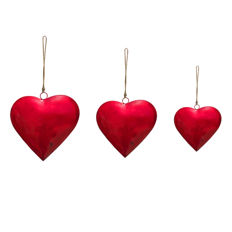 Myri Decorative Metal Heart Wall Decor Set of 3, Classic Red with Jute Hanging Rope, 12, 9.5, 7 Inches