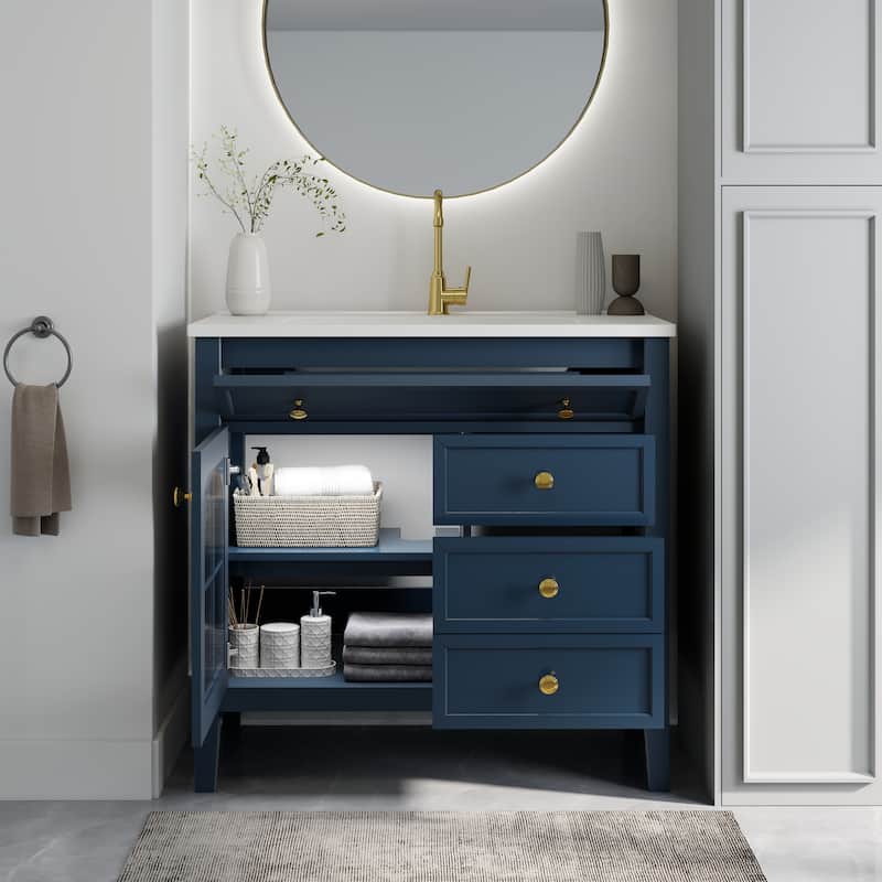 35.6" Mid-Century Bathroom Vanity Sink with Patterned Glass & Motion-sensor Light Strip, Freestanding