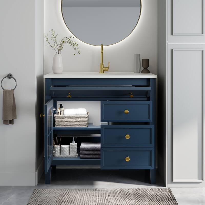 Freestanding 36" Bathroom Vanity Sink Cabinet with Motion-sensor Light Strip, Patterned Glass & Drawers