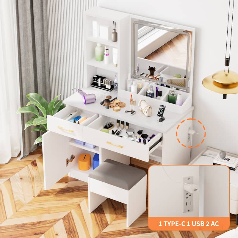 Makeup Vanity Desk with Mirror and Lights, Vanity Table with Power Outlet and 3 Lighting Modes, Dressing Table Set with Stool