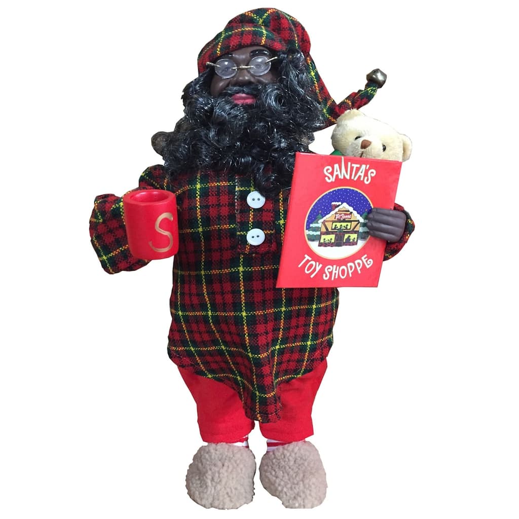 16" African American Christmas Santa Claus in Flannel Pajamas Figurine