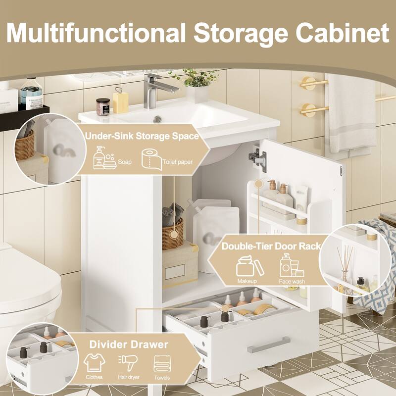 20-Inch Modern Bathroom Vanity with Ceramic Sink, Soft-Close Drawer & Door, Double-Layer Door Organizer, Divider Drawer