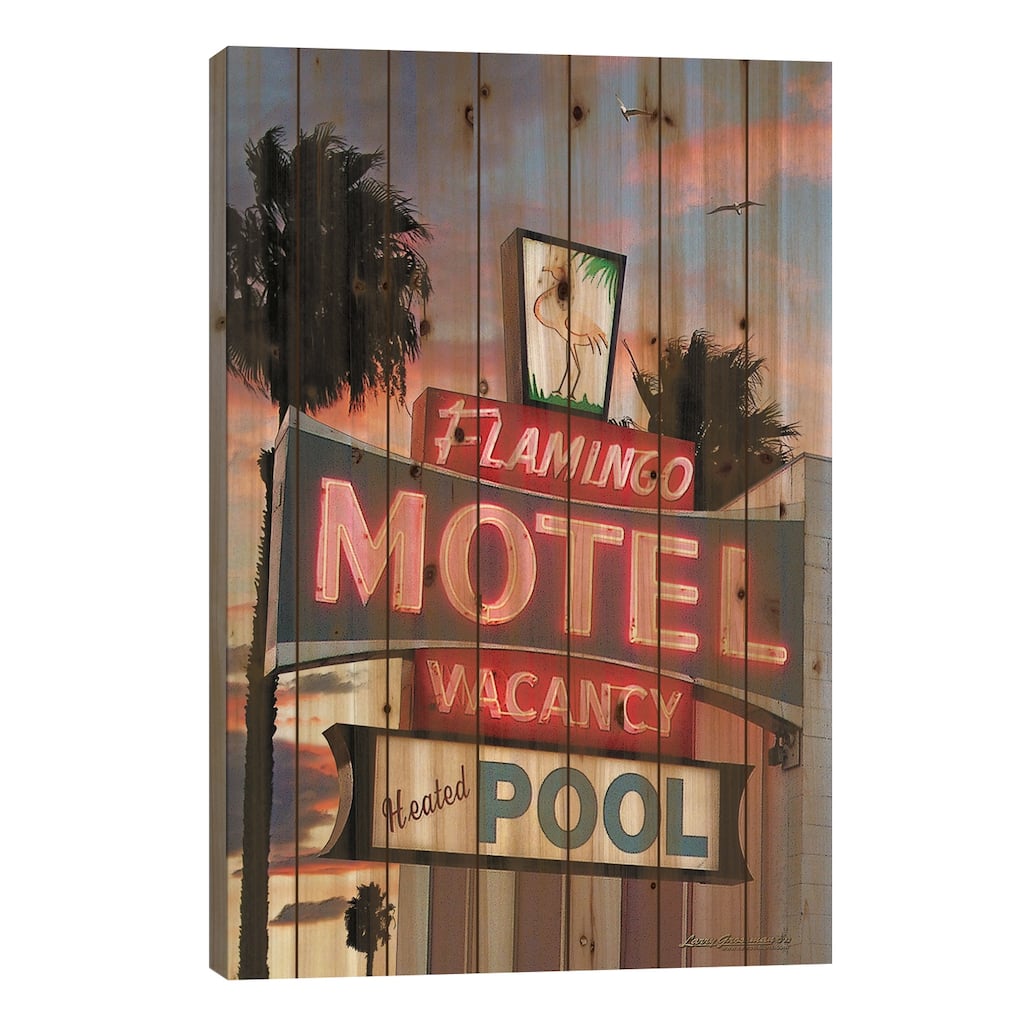 Flamingo Motel Print On Wood by Larry Grossman - Multi-Color