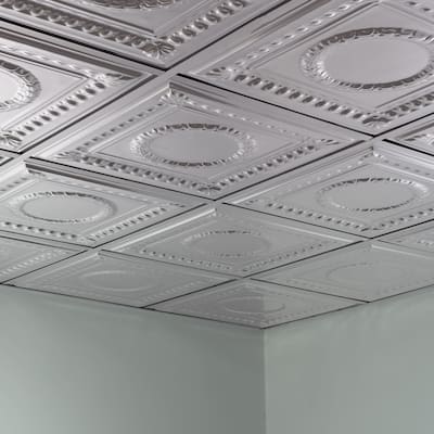 FASÄDE Rosette Decorative Vinyl 2ft x 2ft Lay in Ceiling Panel in Brushed Aluminum (5 Pack)