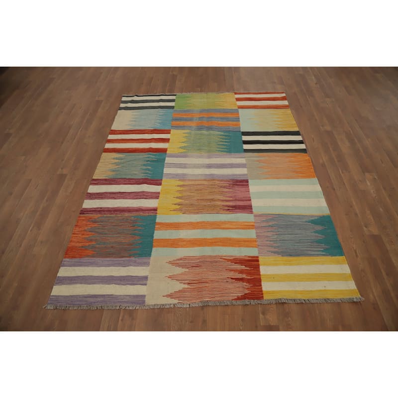 Hand Woven Oriental 100% Wool Carpet Southwestern Modern Multi-Colored Kilim Area Rug - 6' 5'' X 5' 0''