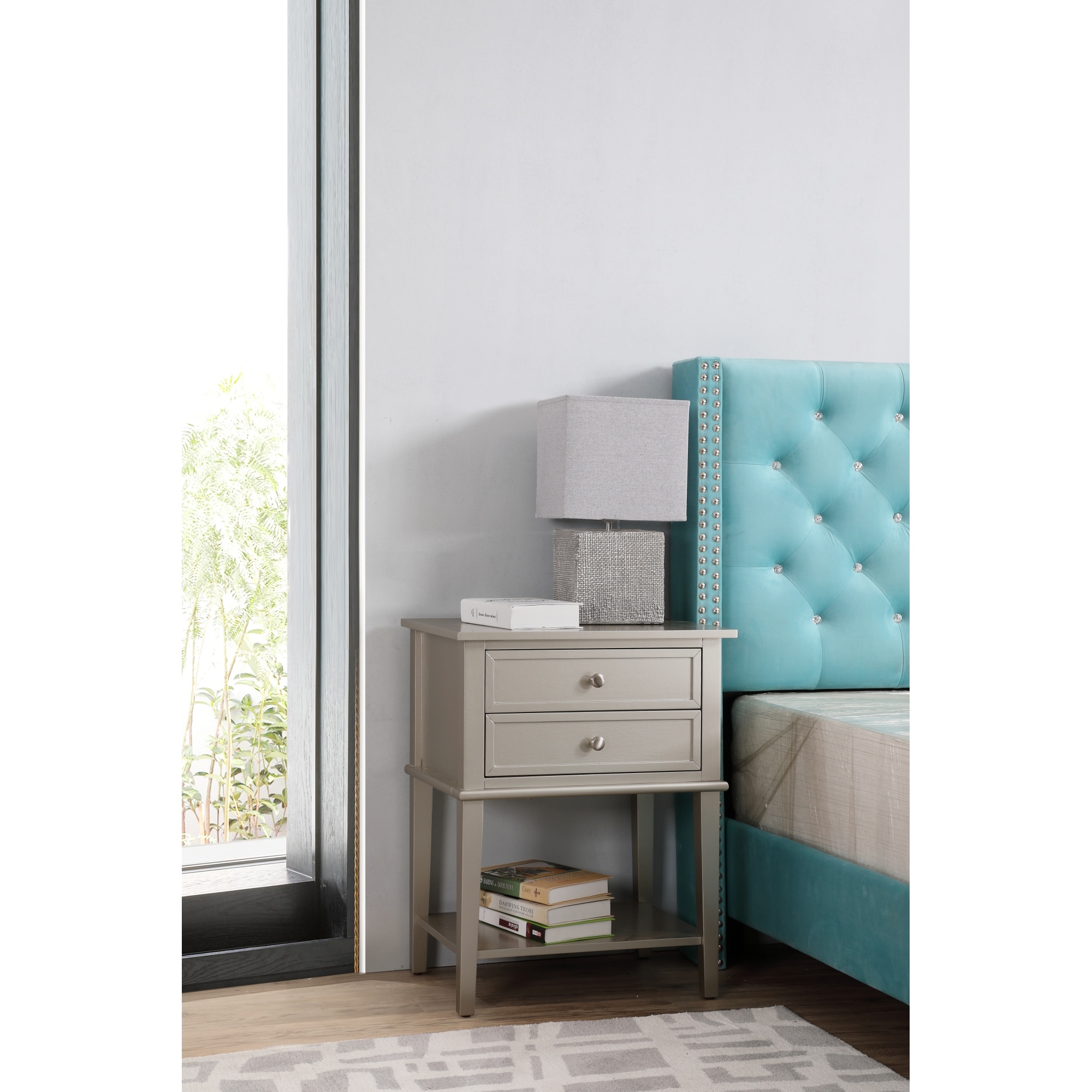 Roomfitters 2-Drawer Nightstand, Open Storage Shelf, Silver Knobs, Modern Glam Bedroom End Table