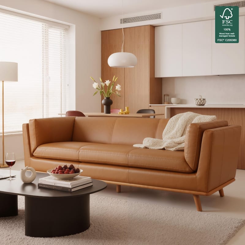 MCombo Napa Leather Couch, 88'' Leather Sofa, Full-Grain Leather Sofa for Solid Wood Accent, Vintage Italian Leather