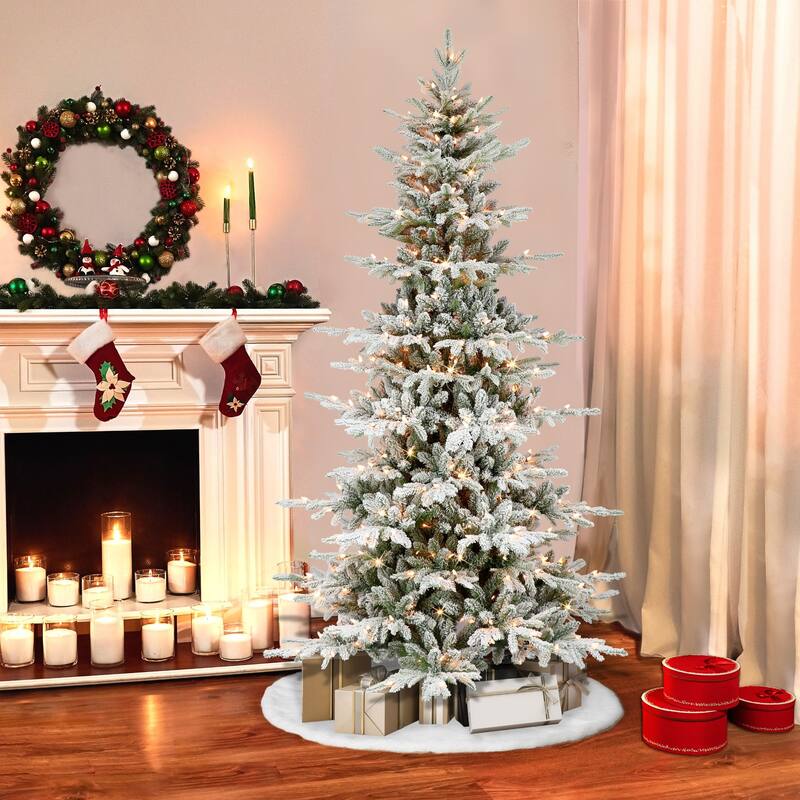 7.5' Slim Flocked Utah Fir Artificial Christmas Tree, Clear Lights - 7.5 Foot