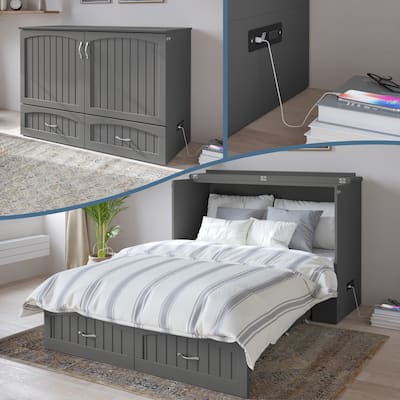 Murphy Bed Chest Full Size - Memory Foam Mattress & USB Charging - Grey Compact Space Saver