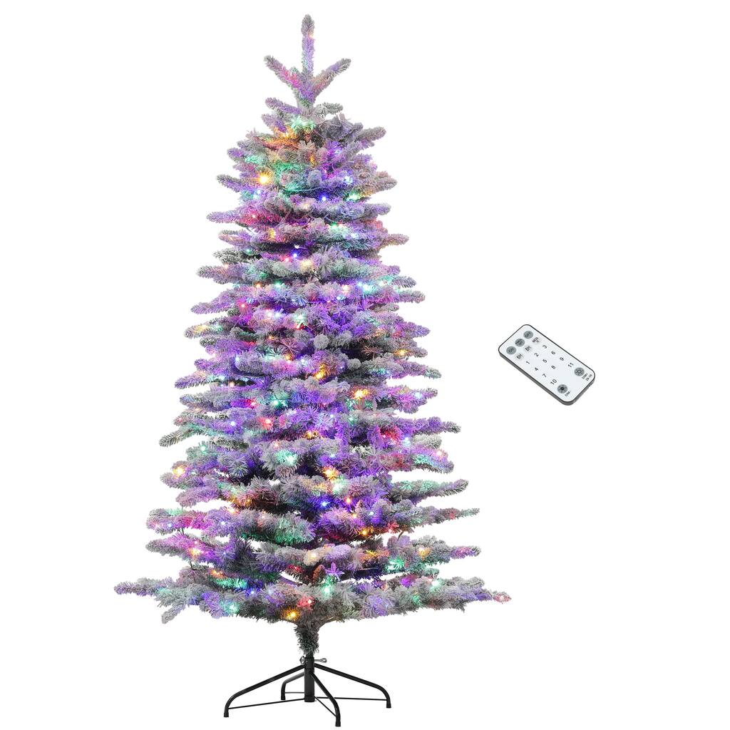 HOMCOM Pre-Lit Snow Flocked Mountain Pine Tree - LED Lights, Hinged Branches, Green