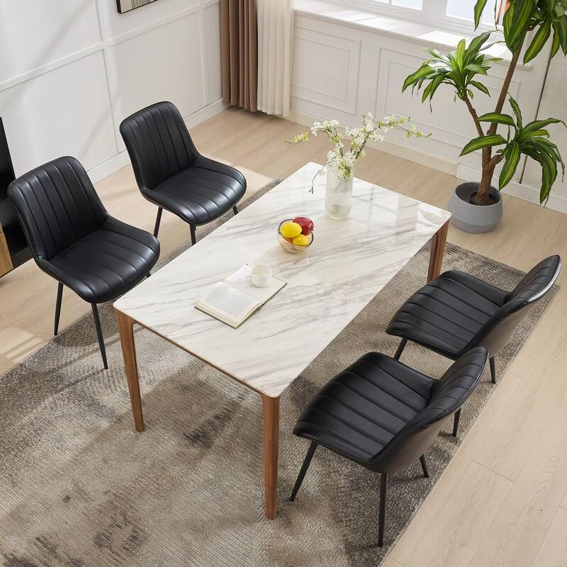 Set of 2 Modern Dining Chairs - Waterproof PU Leather Upholstered w/ Curved Backrest & Metal Legs