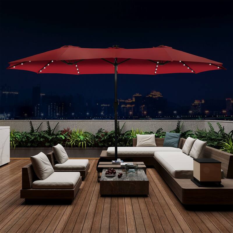 Autlaycil 15ft Retangle Patio Umbrella with Solar Lights & Base - Red