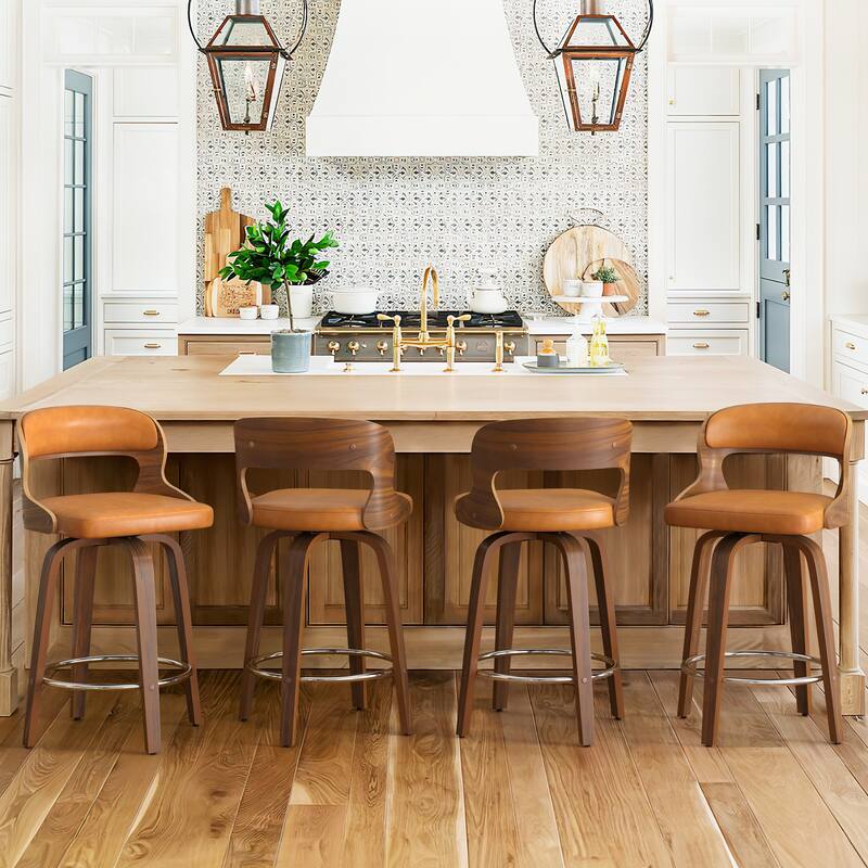 PU Leather 26in. Swivel Barstool Counter Height Low Back Solid Wood Stool for Kitchen Islands with Curved Backrest - Set of 4 - Whiskey Brown