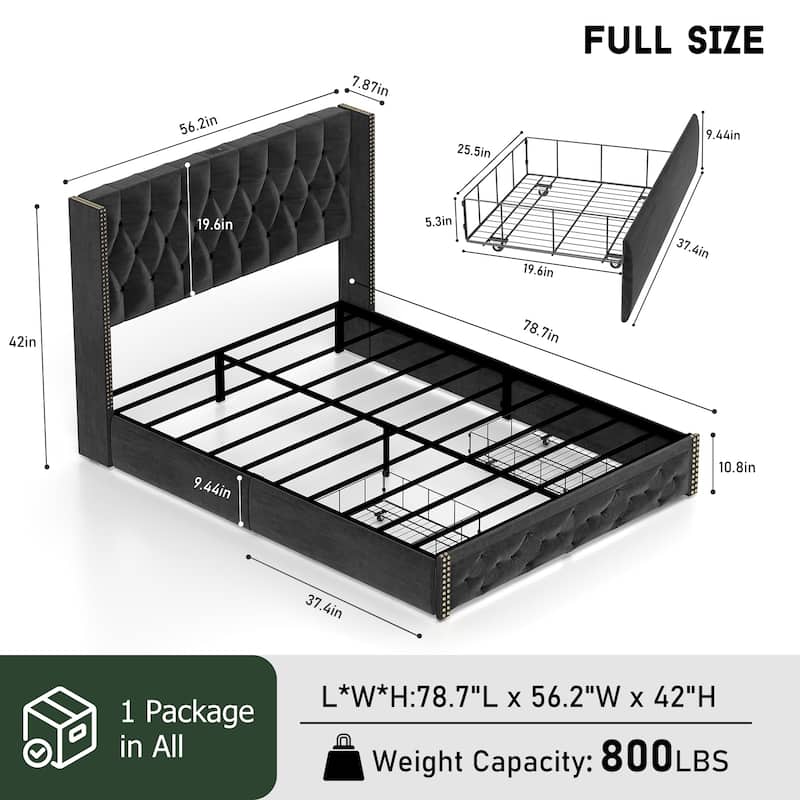 Full Size Bed Frame with 2 Storage Drawers and Wingback Headboard, Velvet Upholstered Platform Bed Frame with Charging Station