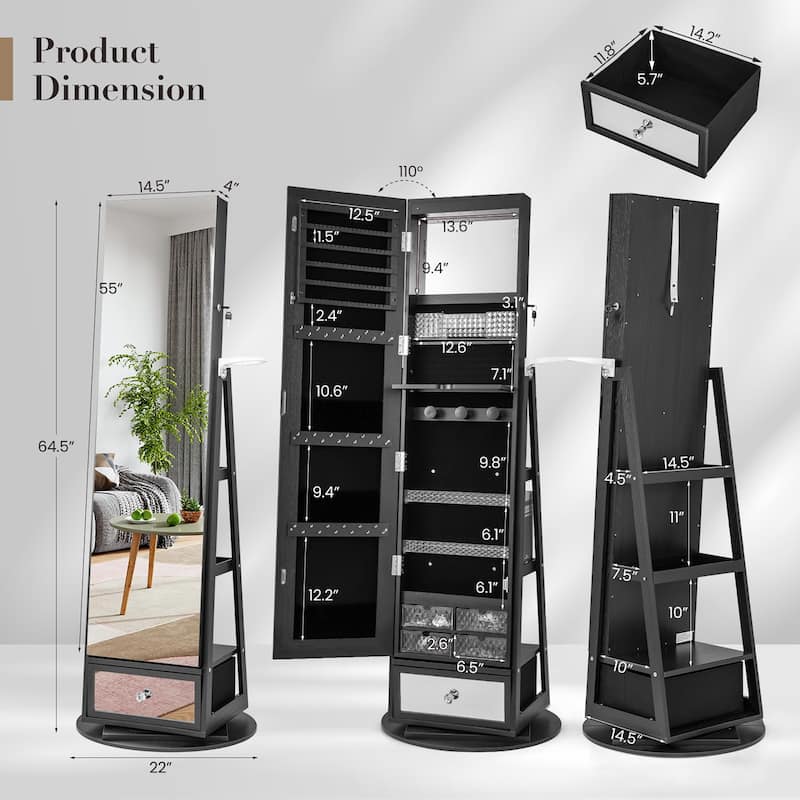 Gymax Swivel Jewelry Cabinet w/ Mirror Jewelry Storage Organizer