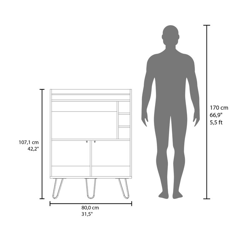 Otho Bar Cabinet with Drop-Down Door, Wine Storage, Open Shelves, and Hairpin Legs