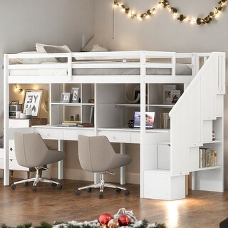 Twin Loft Bed with Storage Staircase, Double Desks and Shelves, White