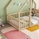 preview thumbnail 24 of 25, Twin Size Solid Wood House-Shaped Floor Bed with Fence and Guardrails