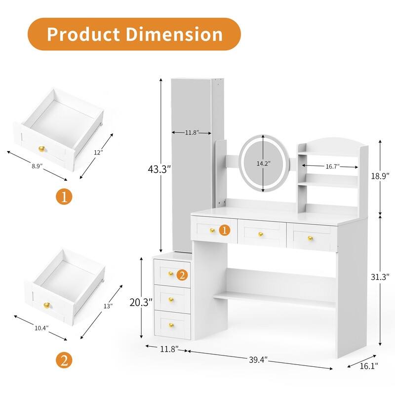 White Vanity Set With Full-Length LED Mirror & Jewelry Cabinet, 6 Drawers with Golden Handles