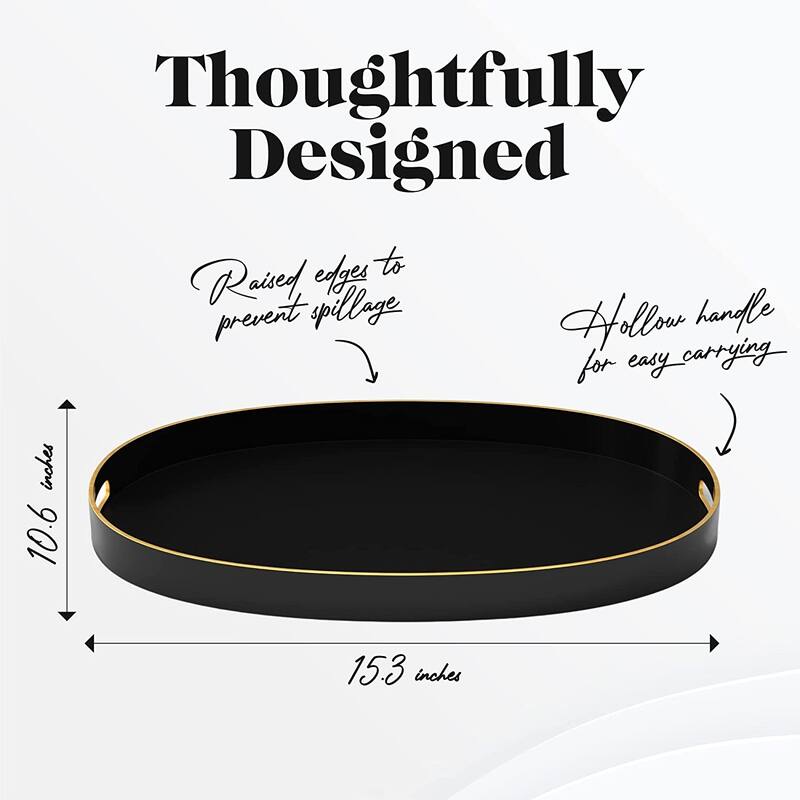 American Atelier Serving Oval Tray with Gold Trimming Handles - 15.3 x 10.6 in