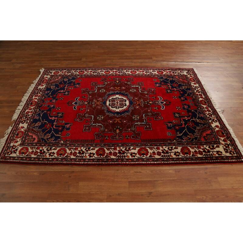 Red Geometric Hamedan Persian Rug Handmade Wool Carpet - 4'8"x 6'4"