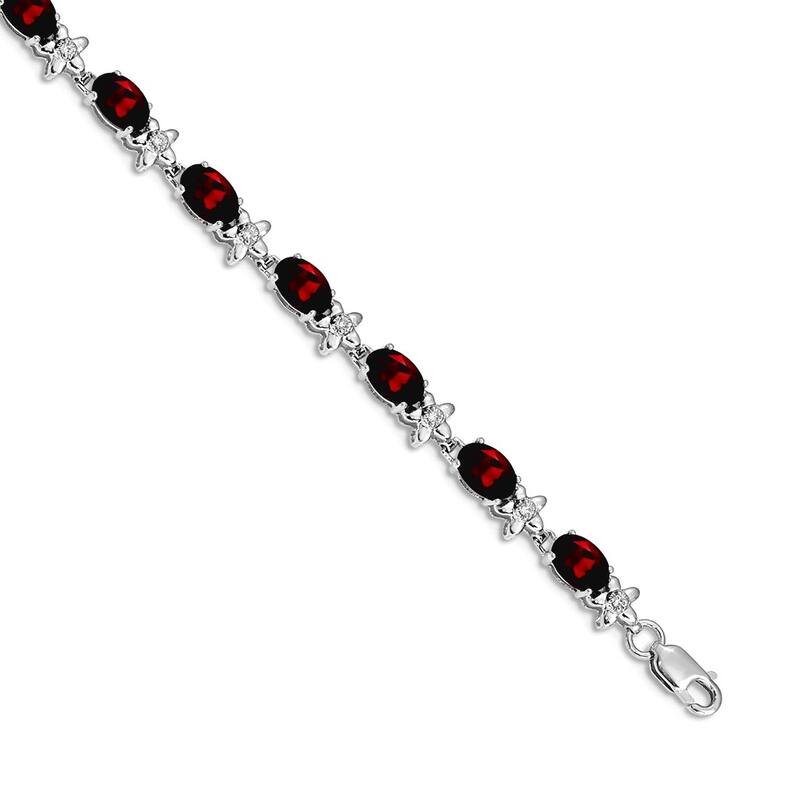 Curata Yellow or White 14k Gold 4.5mm 7" Gemstone and Diamond Flower Bracelet - Garnet - White