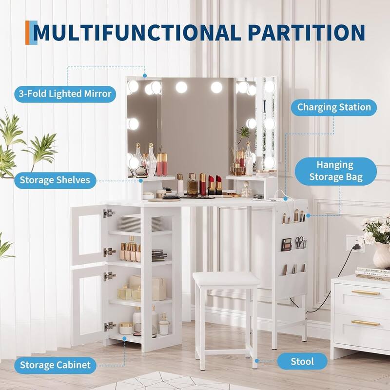 Corner Vanity Desk and Stool, Makeup Dressing Table Set with Light Bulbs Mirror
