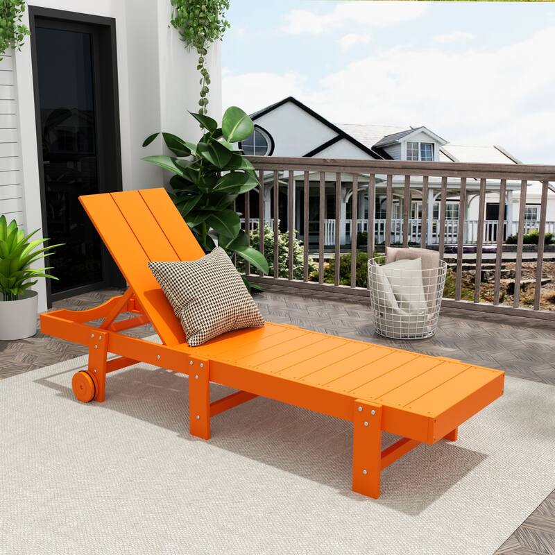 Shoreside Modern Poly Eco-Friendly All Weather Reclining Chaise Lounge With Wheels - Orange