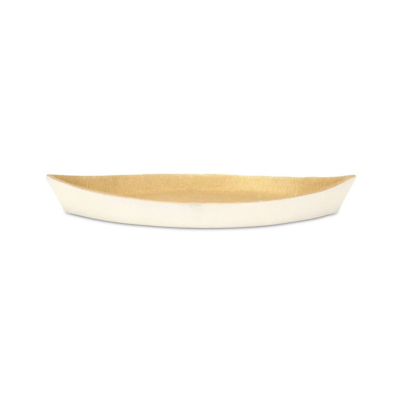 HomeRoots 10" Gold And Off White Cast Iron Oval Boat Shaped Tray - 9.75 in. x 1.25 in. x 4.25 in.