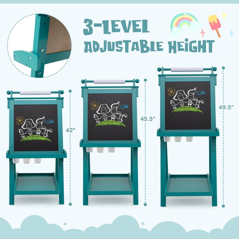 Kids Adjustable Art Easel with Chalkboard Whiteboard Paper Roll and Storage Folding Wooden Drawing Board - 21.5" x 26" x 42"