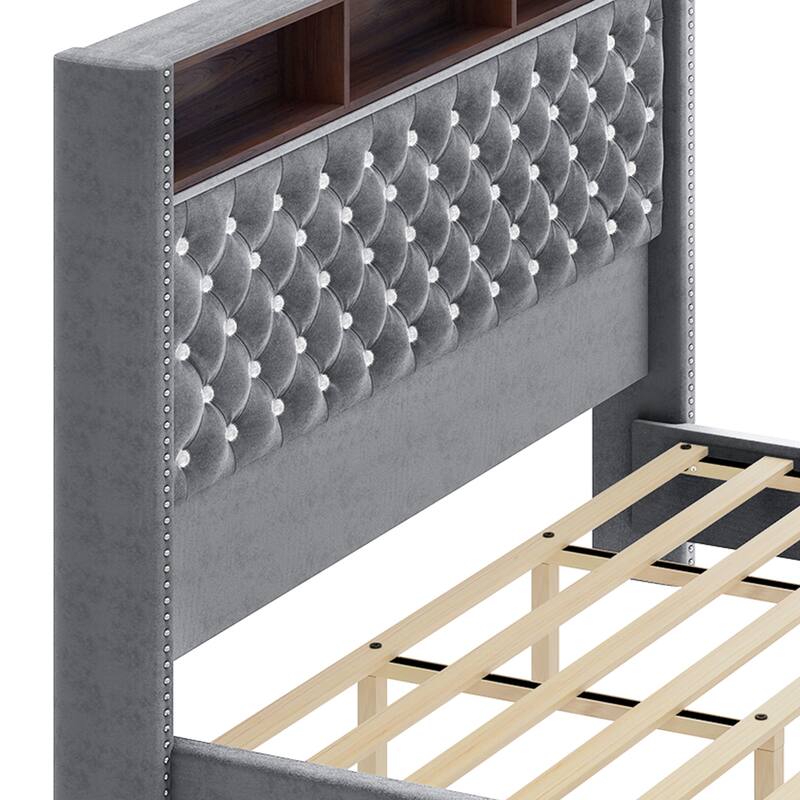 58" Tall Wingback Storage Headboard Bed Frame with USB Charging Stations and Deep Button Tufted