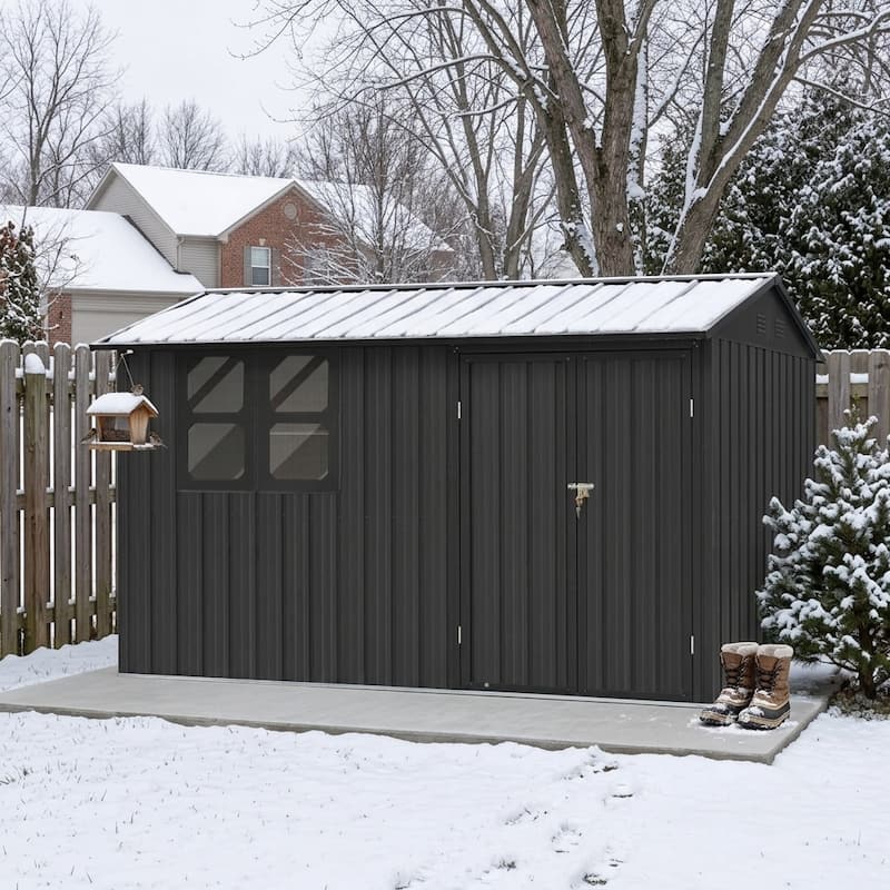 12x10 ft Metal garden sheds outdoor storage sheds black with window with Goods Shelves