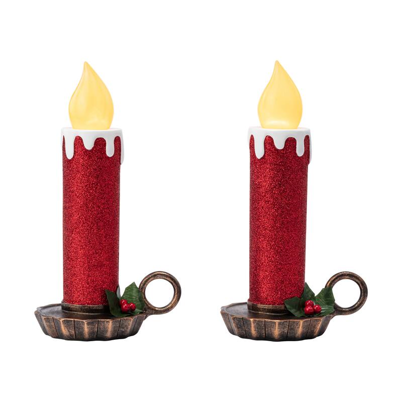 10" Set of 2 Flickering LED Resin Glittery Candles - Red