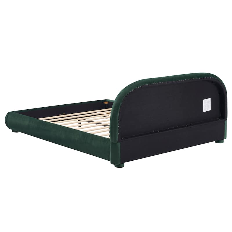 Velvet Upholstered Platform Bed with Headboard, Luxury Low Profile Bed Frame with Wood Slat Support, Grounded Bed for Apartments