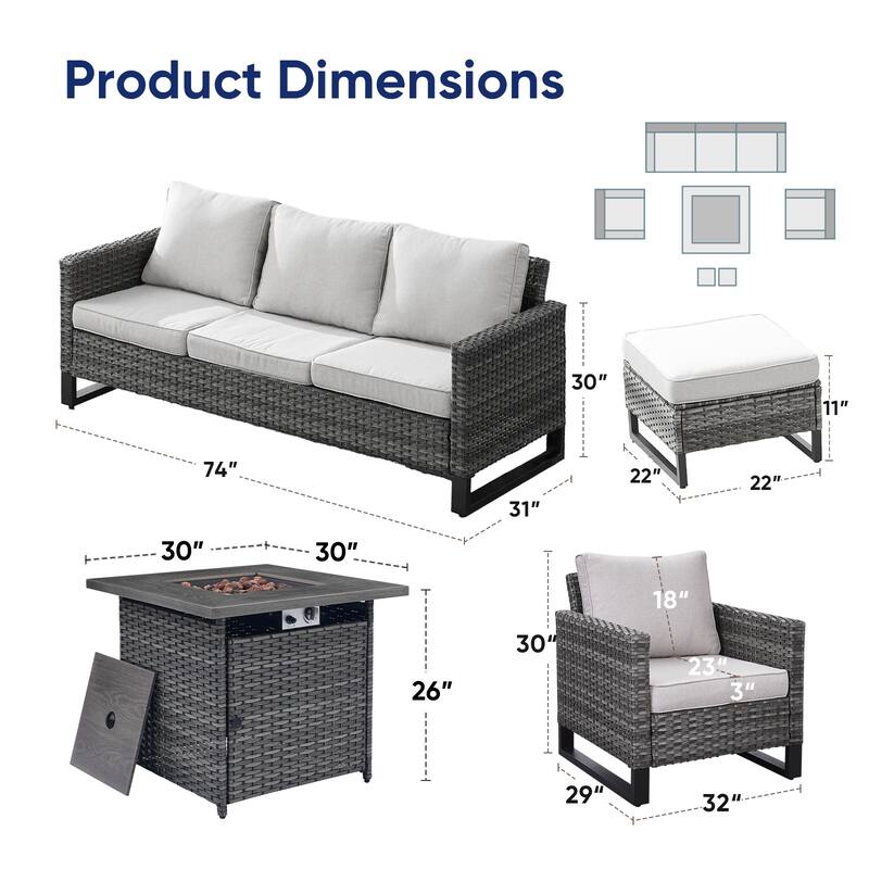 Pati Sofa with Fire Pit Table and Club Chairs