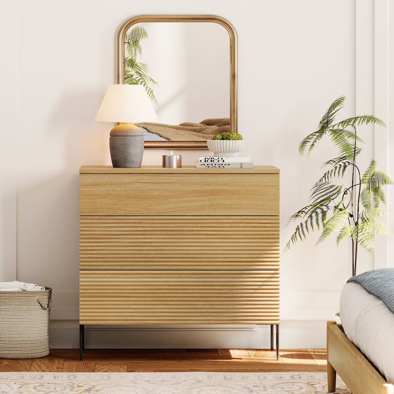 Modern Wood 3-Drawer Dresser With Reeded Design, Minimalist Dresser Organizer Storage - Oak - 3-drawer