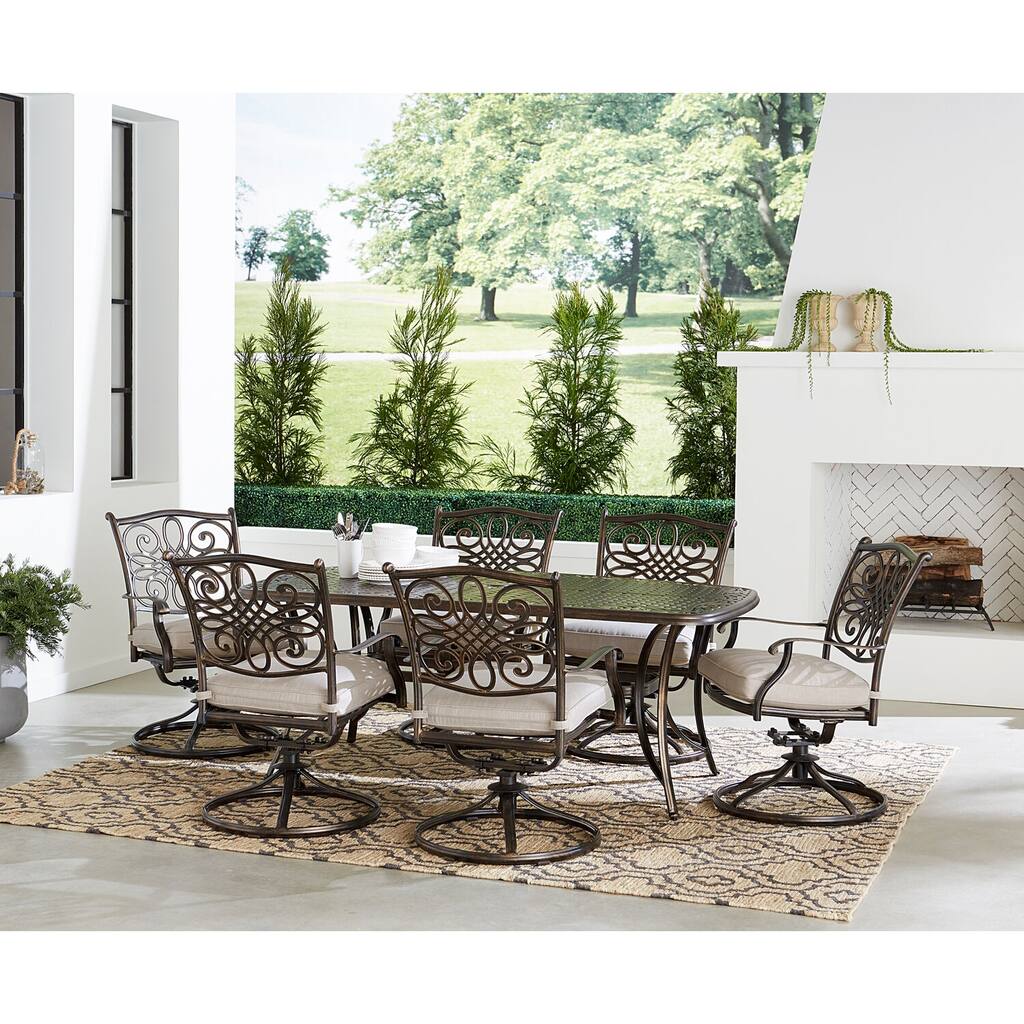 Agio Renditions 7-Piece Set with 6 Swivel Rockers and 38-in. x 72-in. Cast-Top Table, Featuring Sunbrella® Fabric in Silver