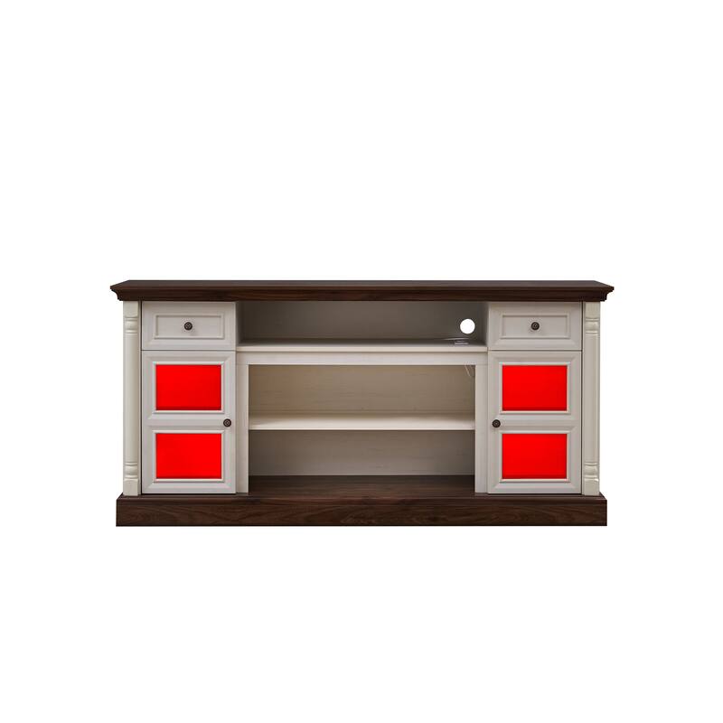 Farmhouse-Style Roman Column Styling Fireplace TV Stand with LED Lights, Glass Door Cabinets and Drawers, for Living Room